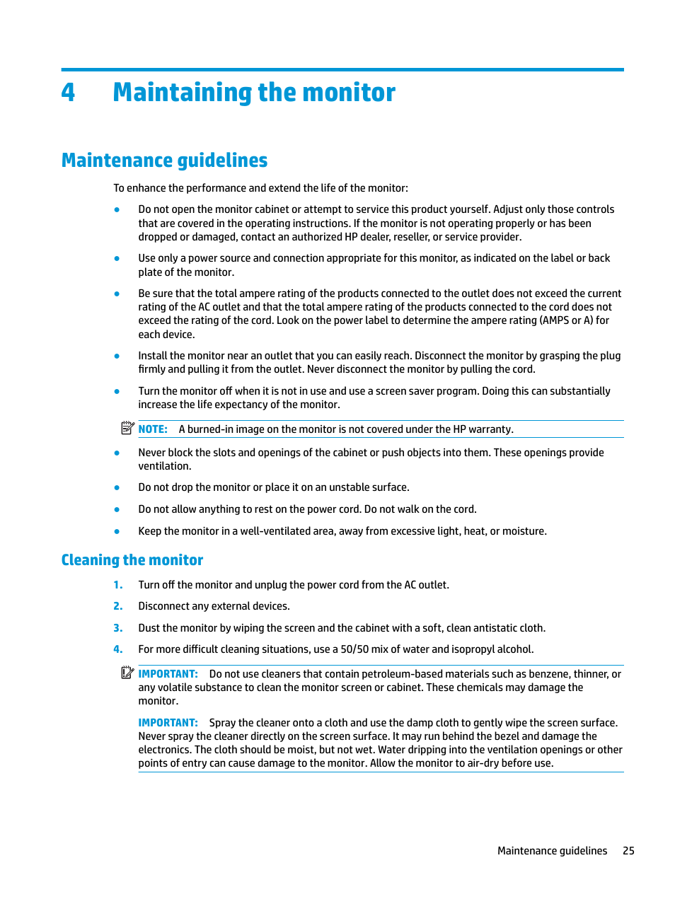 Maintaining the monitor, Maintenance guidelines, Cleaning the monitor | 4 maintaining the monitor, 4maintaining the monitor | HP E27q 27" 16:9 IPS Monitor User Manual | Page 31 / 45