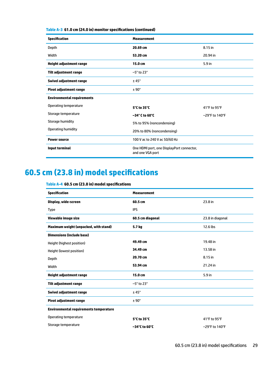 5 cm (23.8 in) model specifications | HP E27q 27" 16:9 IPS Monitor User Manual | Page 35 / 45