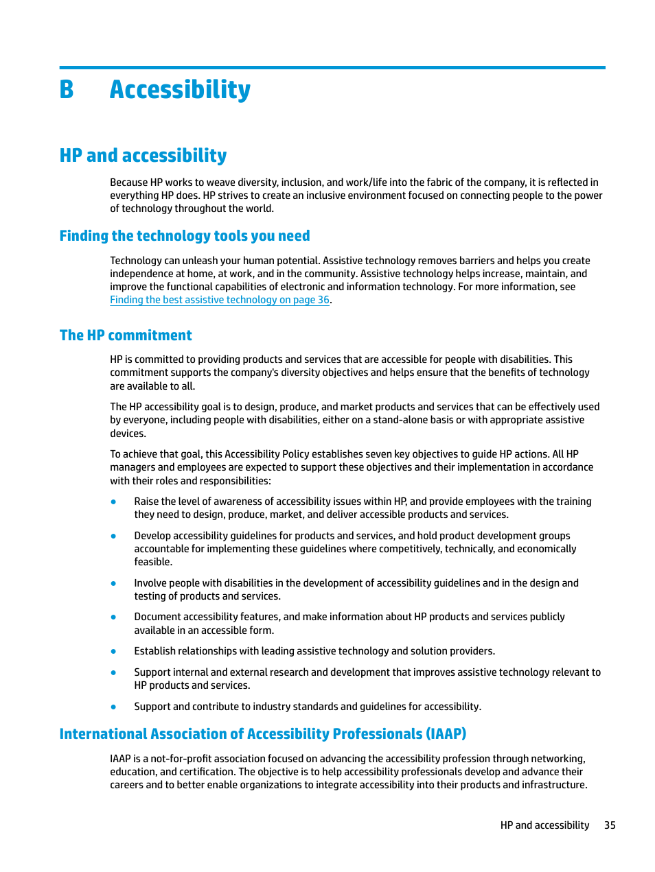 Accessibility, Hp and accessibility, Finding the technology tools you need | The hp commitment, Appendix b accessibility, Baccessibility | HP E27q 27" 16:9 IPS Monitor User Manual | Page 41 / 45