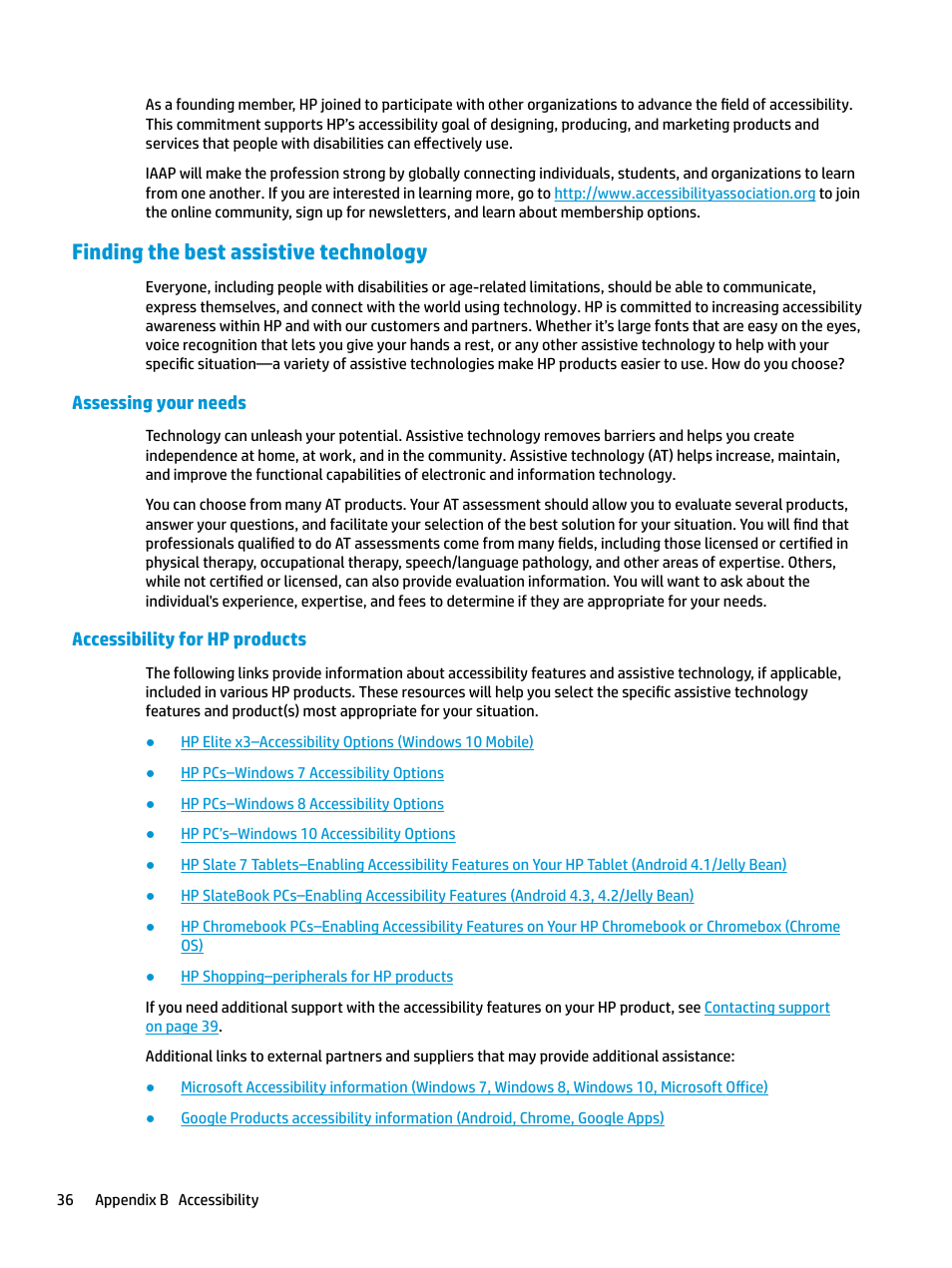 Finding the best assistive technology, Assessing your needs, Accessibility for hp products | Assessing your needs accessibility for hp products | HP E27q 27" 16:9 IPS Monitor User Manual | Page 42 / 45
