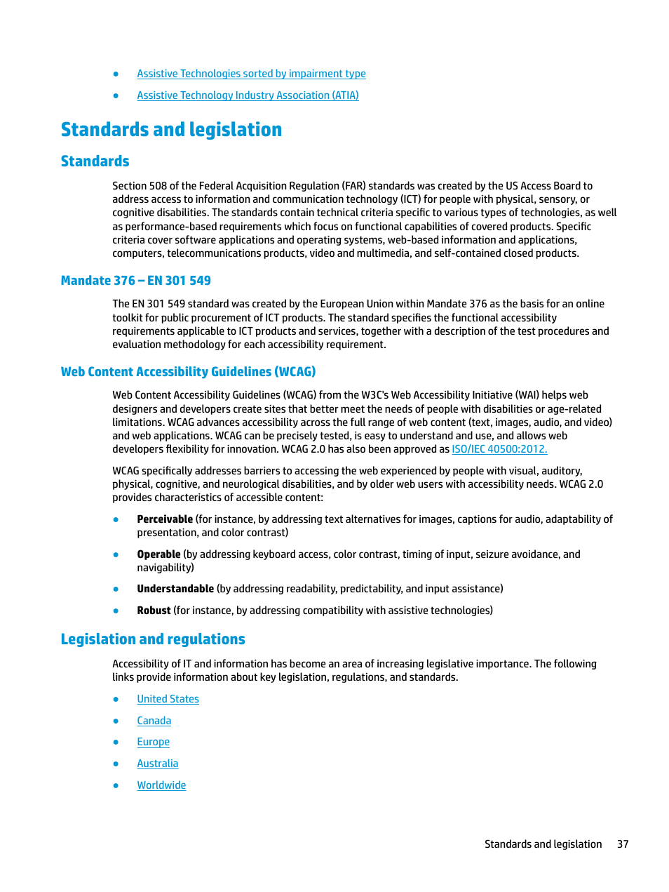 Standards and legislation, Standards, Mandate 376 – en 301 549 | Web content accessibility guidelines (wcag), Legislation and regulations | HP E27q 27" 16:9 IPS Monitor User Manual | Page 43 / 45