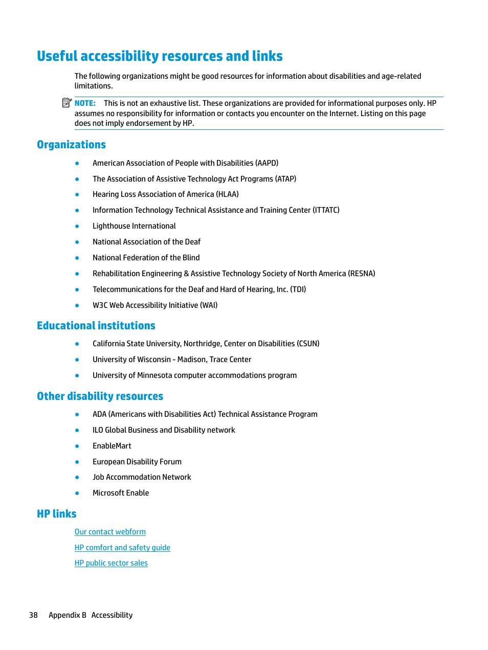 Useful accessibility resources and links, Organizations, Educational institutions | Other disability resources, Hp links | HP E27q 27" 16:9 IPS Monitor User Manual | Page 44 / 45