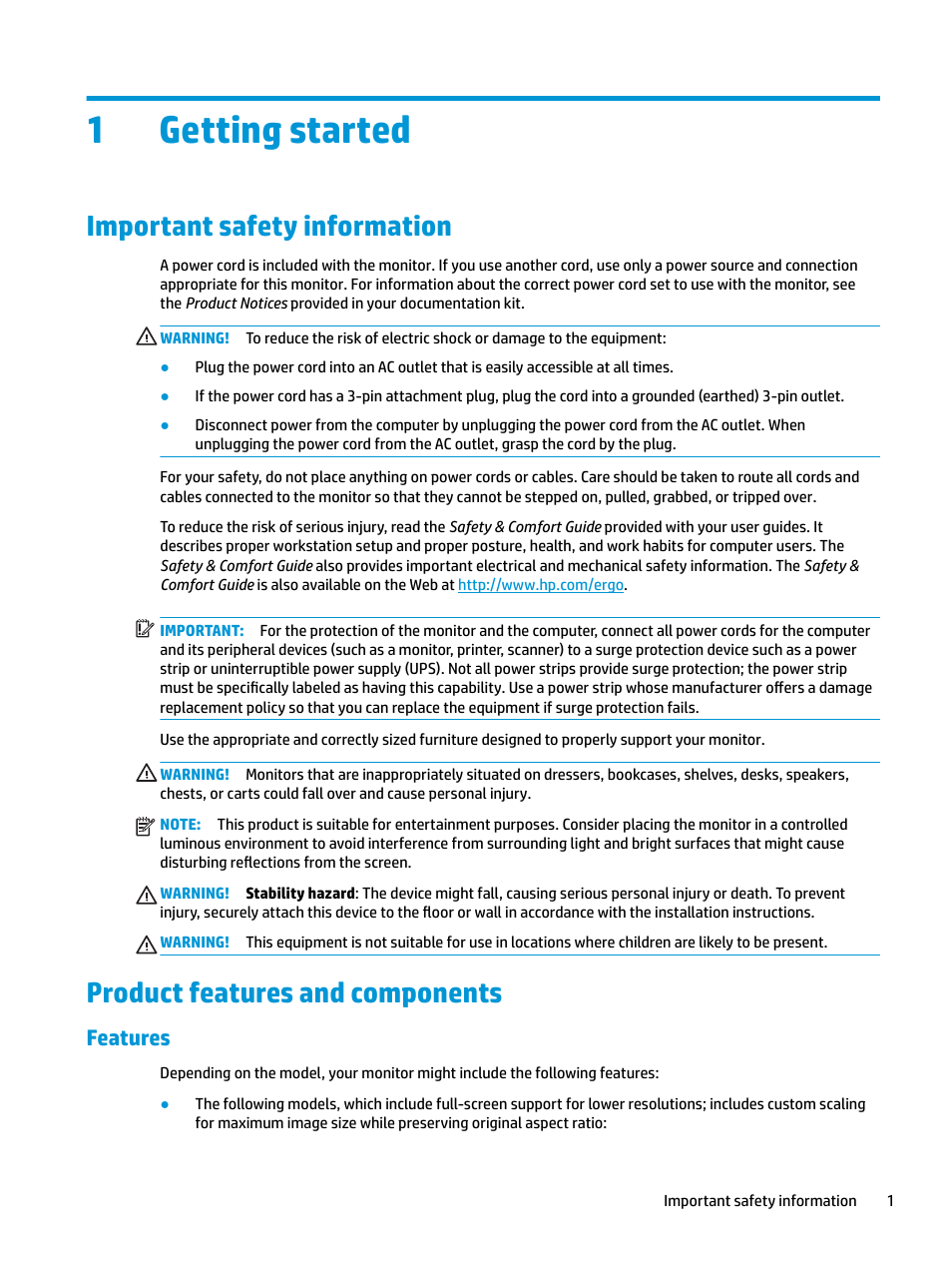 Getting started, Important safety information, Product features and components | Features, 1 getting started, 1getting started | HP E27q 27" 16:9 IPS Monitor User Manual | Page 7 / 45