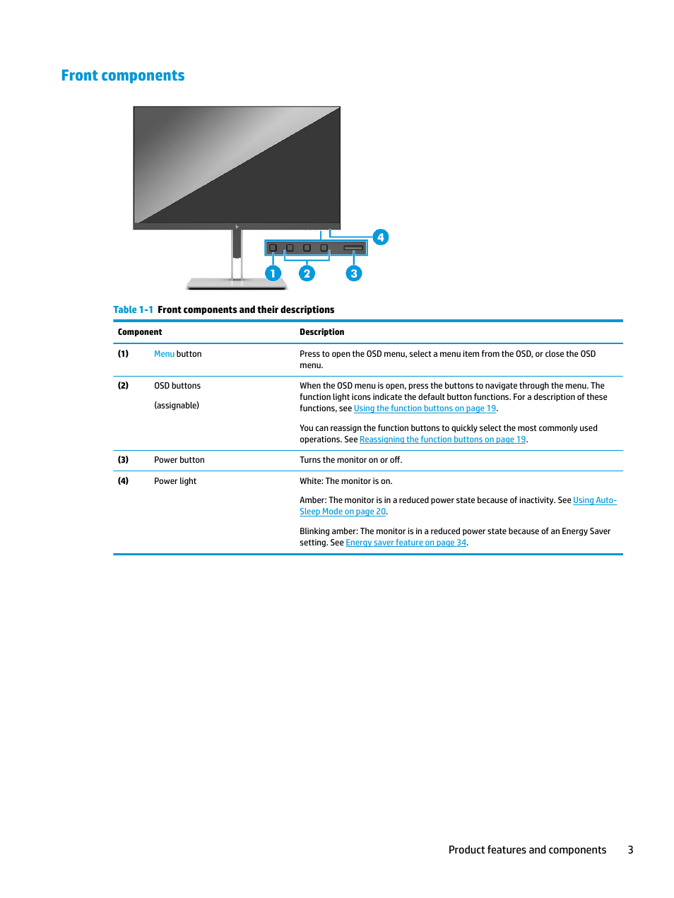 Front components | HP E27q 27" 16:9 IPS Monitor User Manual | Page 9 / 45