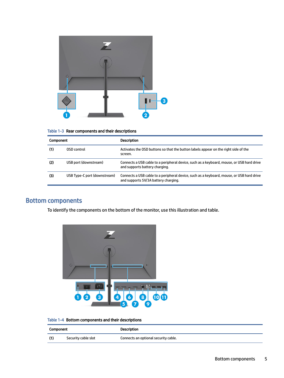 Bottom components | HP Z32k G3 31.5" 4K HDR Monitor User Manual | Page 10 / 45