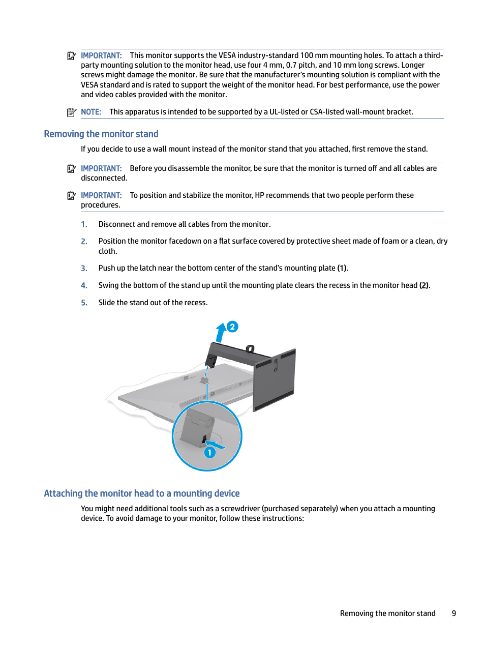 Removing the monitor stand, Attaching the monitor head to a mounting device | HP Z32k G3 31.5" 4K HDR Monitor User Manual | Page 14 / 45
