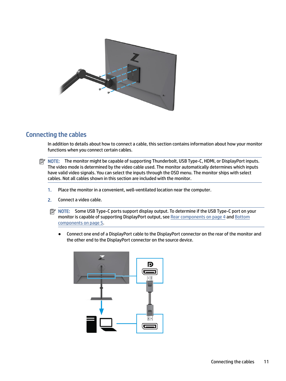 Connecting the cables | HP Z32k G3 31.5" 4K HDR Monitor User Manual | Page 16 / 45