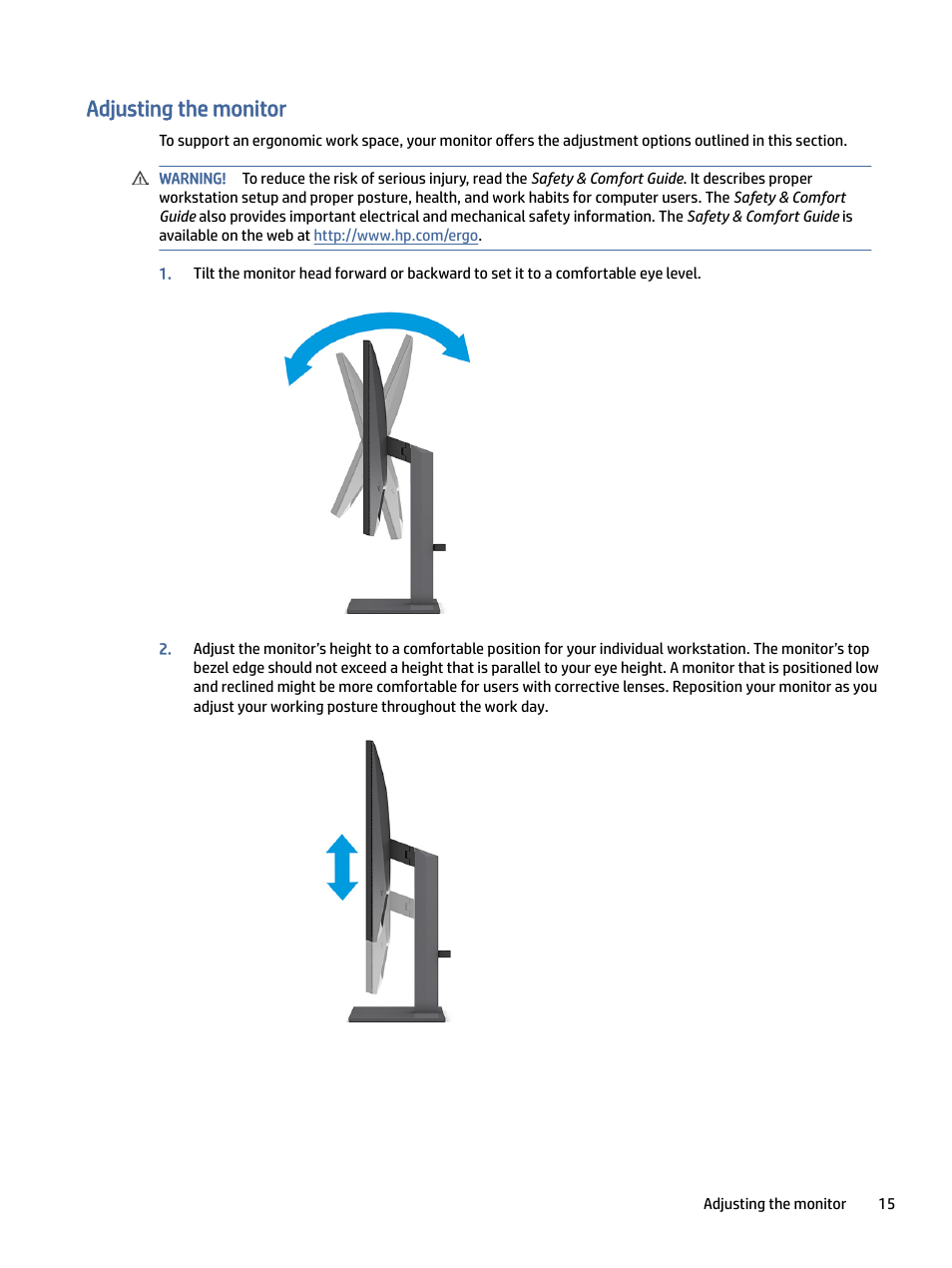 Adjusting the monitor | HP Z32k G3 31.5" 4K HDR Monitor User Manual | Page 20 / 45