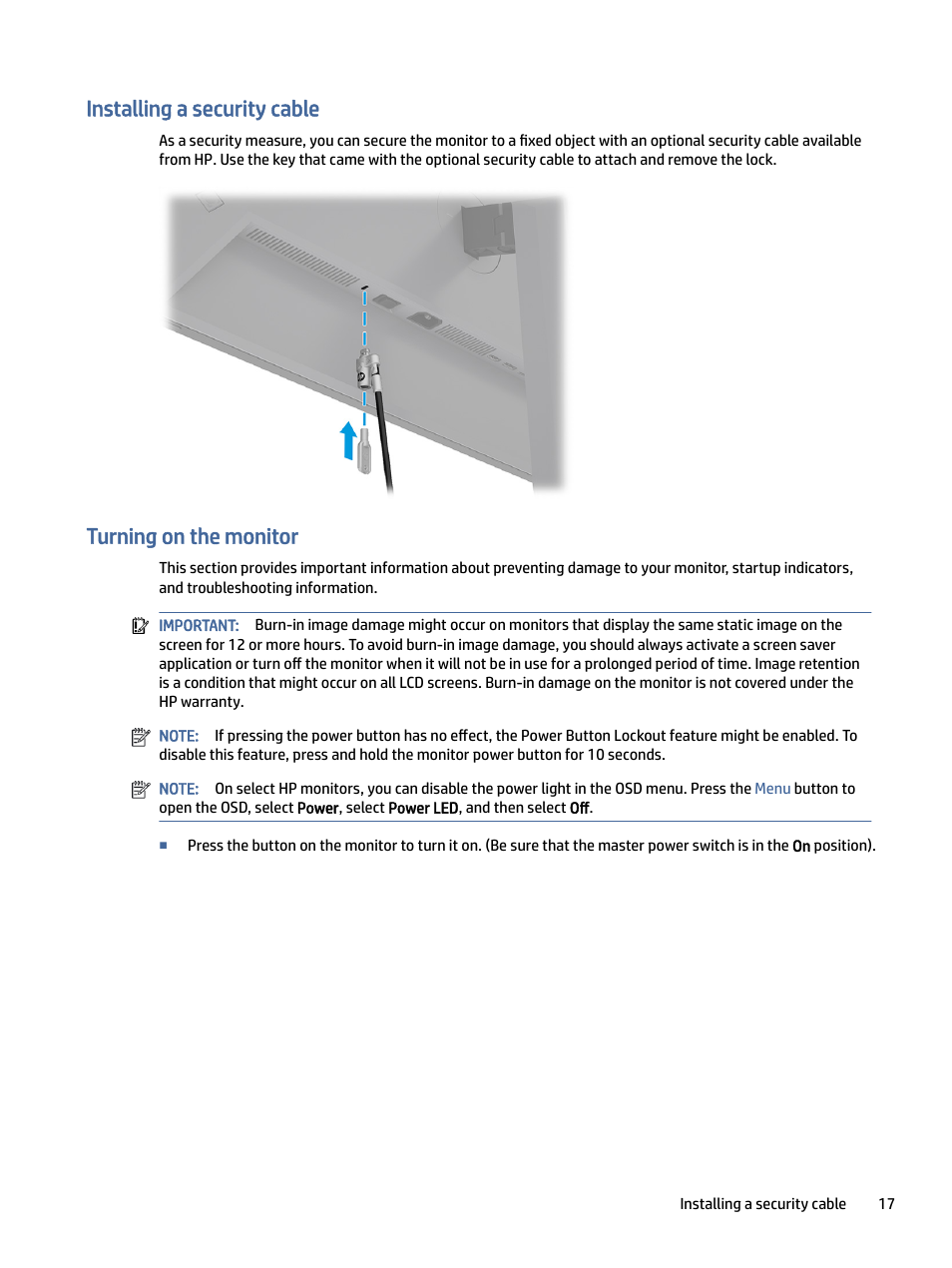 Installing a security cable, Turning on the monitor | HP Z32k G3 31.5" 4K HDR Monitor User Manual | Page 22 / 45
