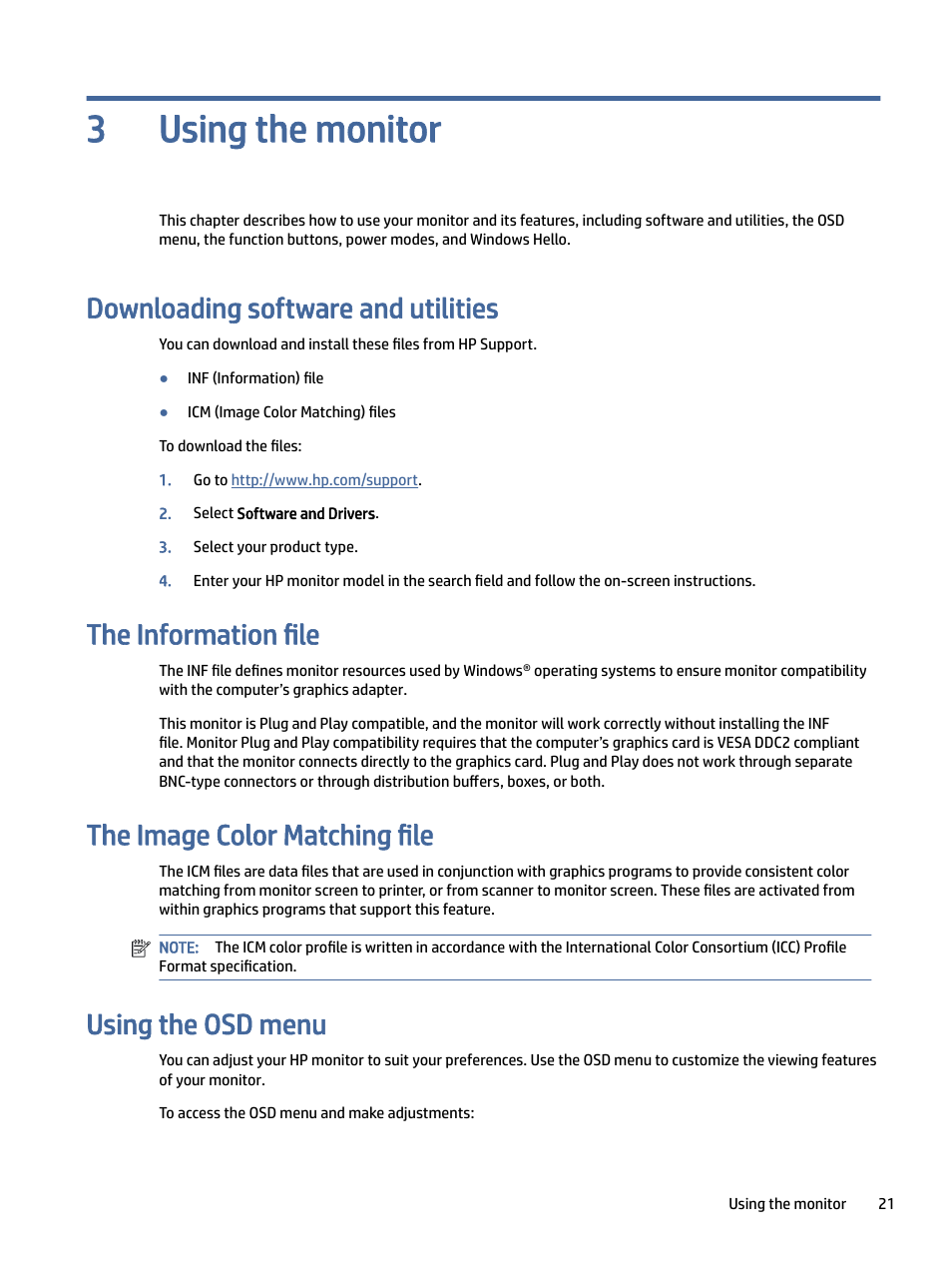 Using the monitor, Downloading software and utilities, The information file | The image color matching file, Using the osd menu, 3 using the monitor, Using the monitor 3 | HP Z32k G3 31.5" 4K HDR Monitor User Manual | Page 26 / 45