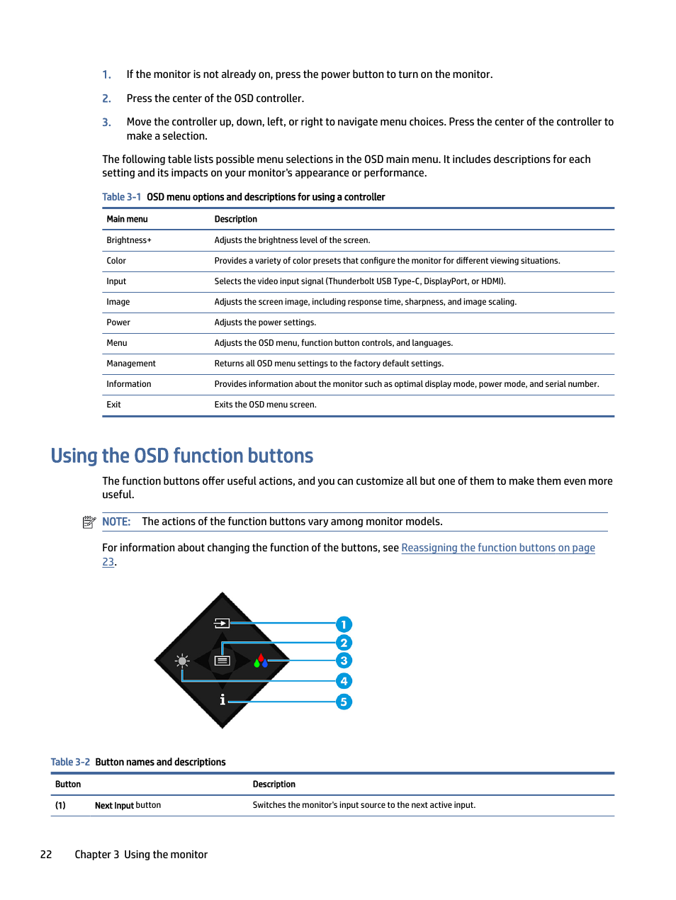 Using the osd function buttons | HP Z32k G3 31.5" 4K HDR Monitor User Manual | Page 27 / 45