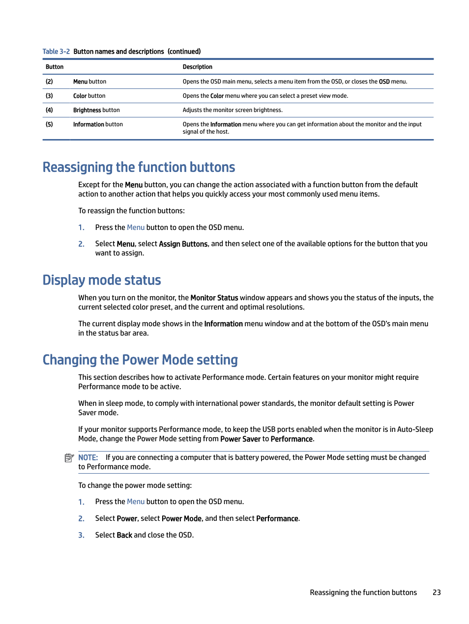 Reassigning the function buttons, Display mode status, Changing the power mode setting | HP Z32k G3 31.5" 4K HDR Monitor User Manual | Page 28 / 45