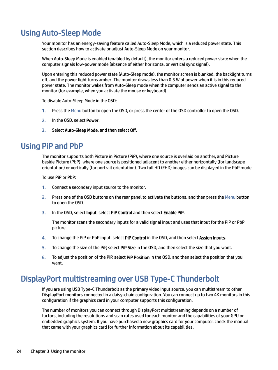 Using auto-sleep mode, Using pip and pbp | HP Z32k G3 31.5" 4K HDR Monitor User Manual | Page 29 / 45