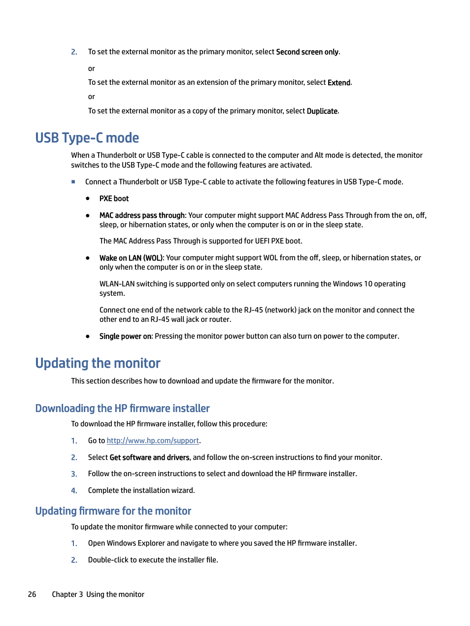 Usb type-c mode, Updating the monitor, Downloading the hp firmware installer | Updating firmware for the monitor | HP Z32k G3 31.5" 4K HDR Monitor User Manual | Page 31 / 45