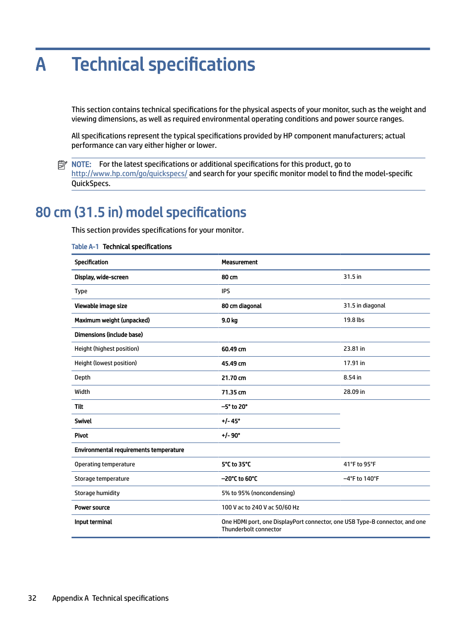 Technical specifications, 80 cm (31.5 in) model specifications, Appendix a technical specifications | Technical specifications a | HP Z32k G3 31.5" 4K HDR Monitor User Manual | Page 37 / 45