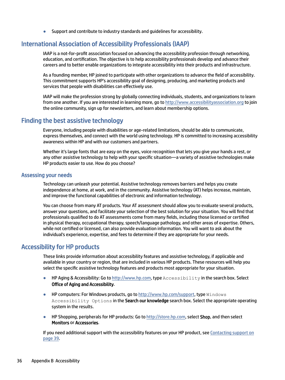 Finding the best assistive technology, Assessing your needs, Accessibility for hp products | HP Z32k G3 31.5" 4K HDR Monitor User Manual | Page 41 / 45