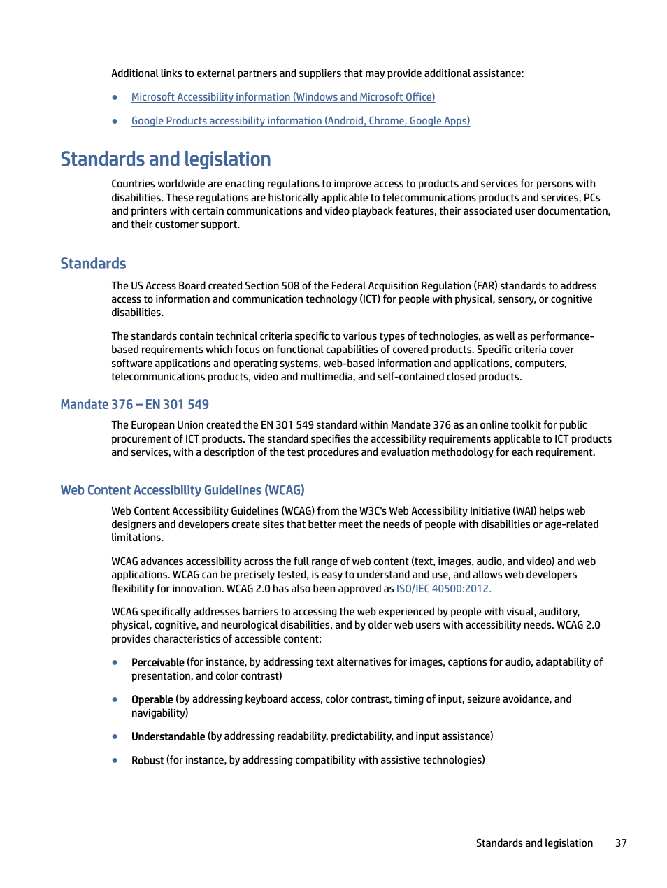 Standards and legislation, Standards, Mandate 376 – en 301 549 | Web content accessibility guidelines (wcag) | HP Z32k G3 31.5" 4K HDR Monitor User Manual | Page 42 / 45