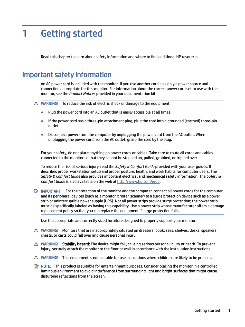 Getting started, Important safety information, 1 getting started | Getting started 1 | HP Z32k G3 31.5" 4K HDR Monitor User Manual | Page 6 / 45