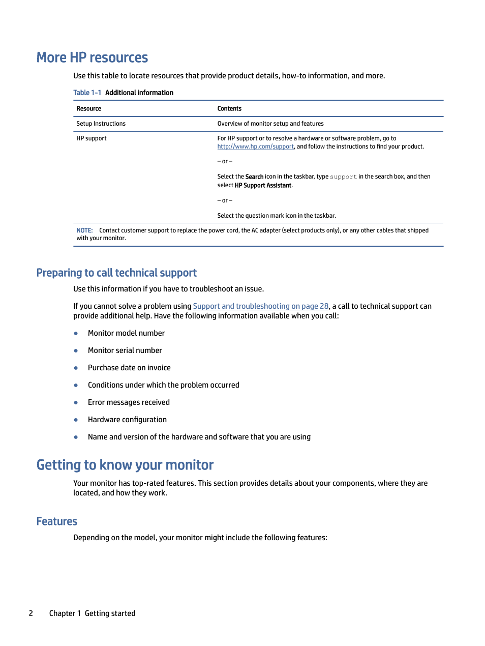More hp resources, Preparing to call technical support, Getting to know your monitor | Features | HP Z32k G3 31.5" 4K HDR Monitor User Manual | Page 7 / 45