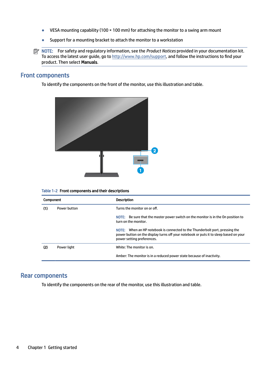 Front components, Rear components | HP Z32k G3 31.5" 4K HDR Monitor User Manual | Page 9 / 45