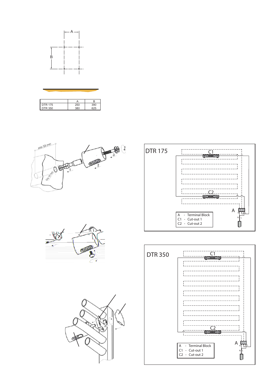 Dtr 175, Dtr 350, Xy w | C2 c1, C1 c2, Procedure for wall mounting, Drying and airing towels, Wiring | Dimplex DTR350C User Manual | Page 2 / 4