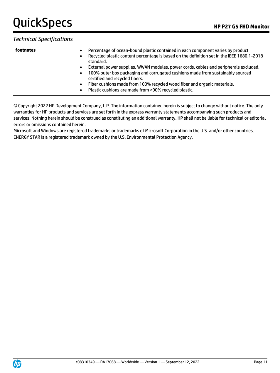 Quickspecs, Technical specifications, Hp p27 g5 fhd monitor | HP P27 G5 27" Monitor User Manual | Page 11 / 12
