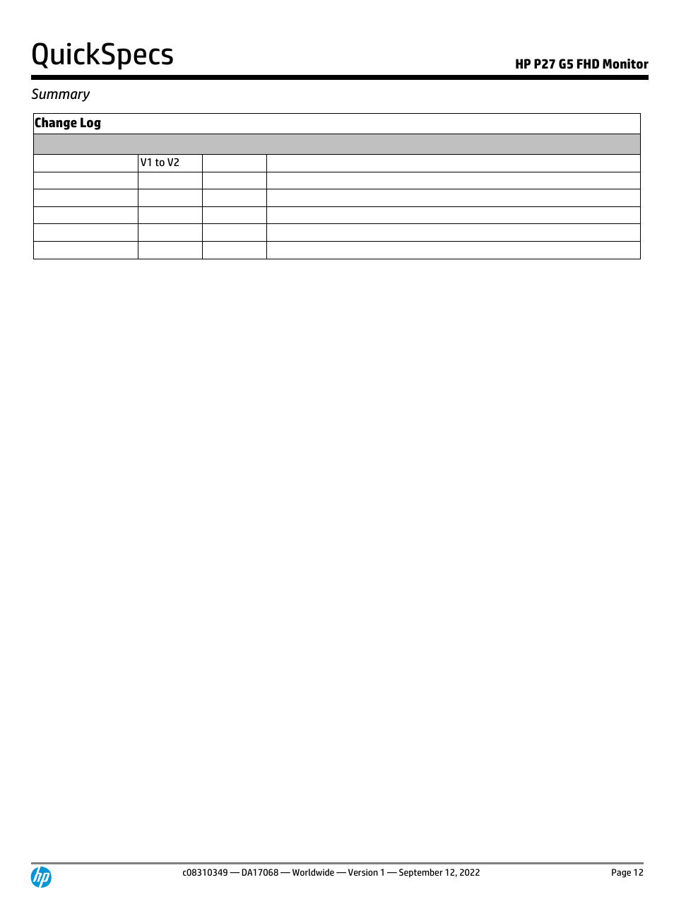 Summary, Quickspecs, Hp p27 g5 fhd monitor | Change log | HP P27 G5 27" Monitor User Manual | Page 12 / 12