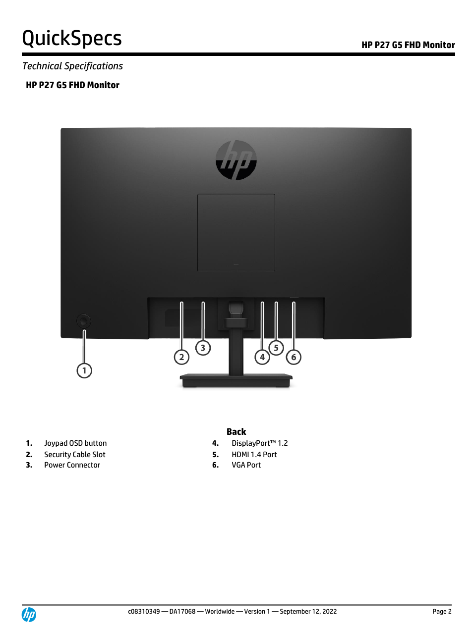Quickspecs, Technical specifications, Hp p27 g5 fhd monitor | Hp p27 g5 fhd monitor back | HP P27 G5 27" Monitor User Manual | Page 2 / 12