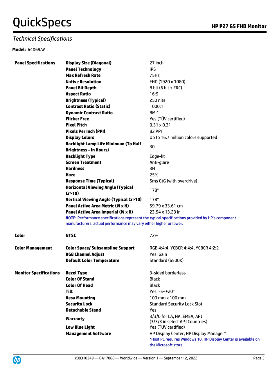 Quickspecs, Technical specifications | HP P27 G5 27" Monitor User Manual | Page 3 / 12