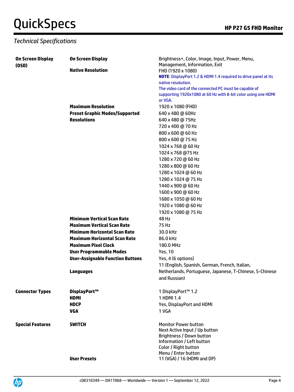 Quickspecs, Technical specifications, Hp p27 g5 fhd monitor | HP P27 G5 27" Monitor User Manual | Page 4 / 12