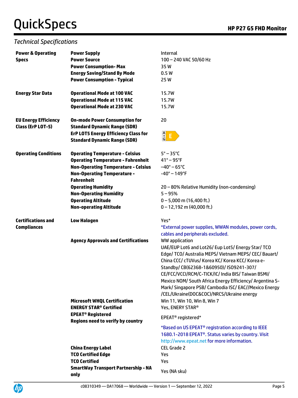 Quickspecs, Technical specifications | HP P27 G5 27" Monitor User Manual | Page 5 / 12