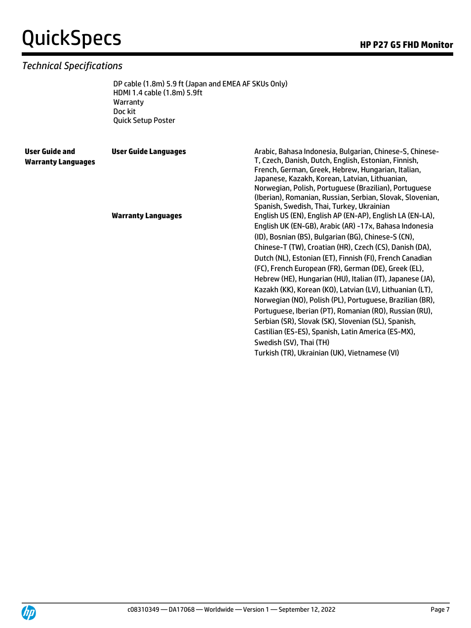 Quickspecs, Technical specifications, Hp p27 g5 fhd monitor | HP P27 G5 27" Monitor User Manual | Page 7 / 12