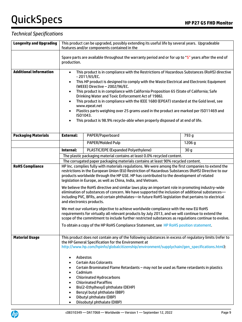 Quickspecs, Technical specifications | HP P27 G5 27" Monitor User Manual | Page 9 / 12