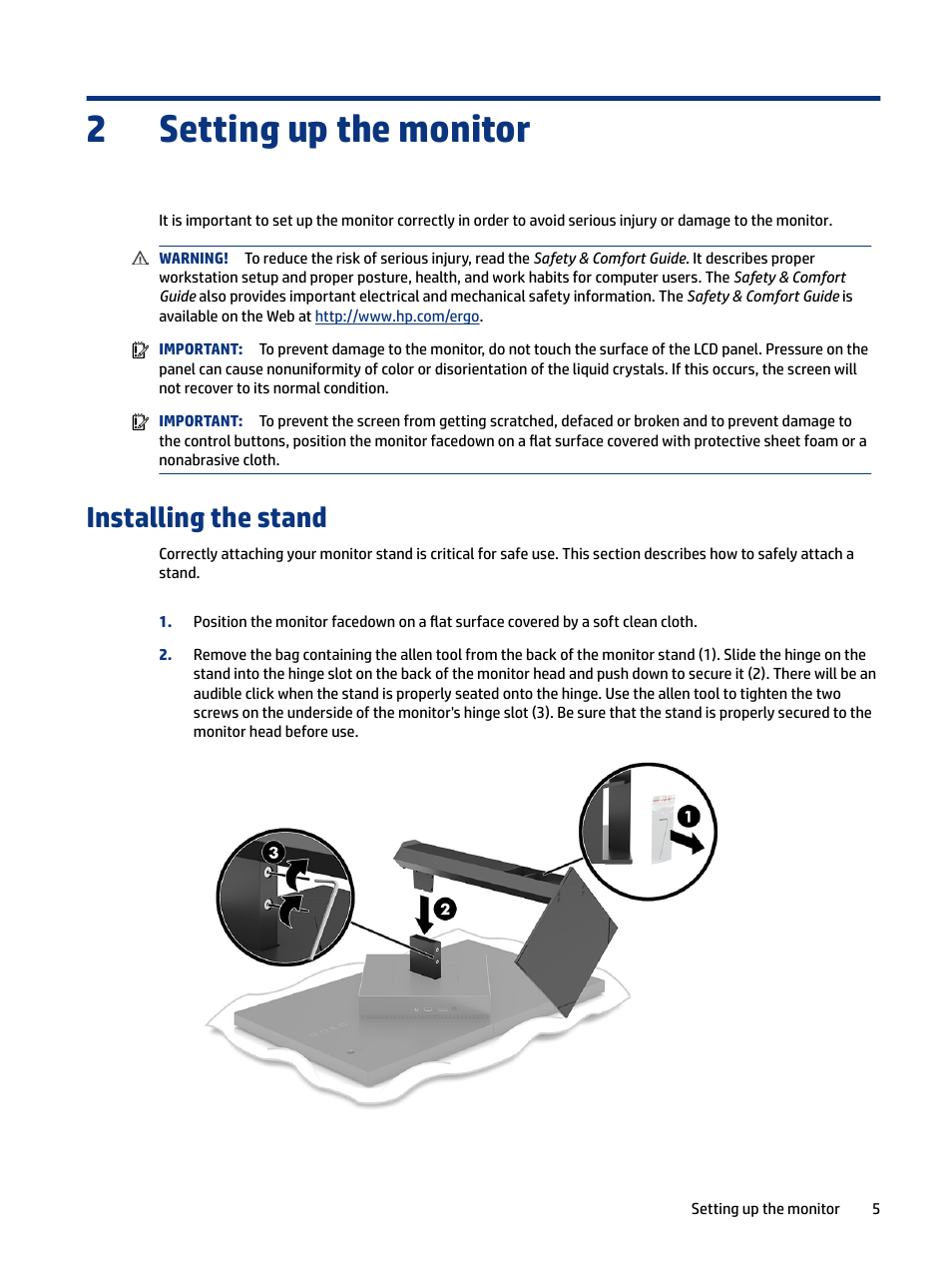 Setting up the monitor, Installing the stand, 2 setting up the monitor | Setting up the monitor 2 | HP OMEN 27" HDR 165 Hz Gaming Monitor User Manual | Page 11 / 41