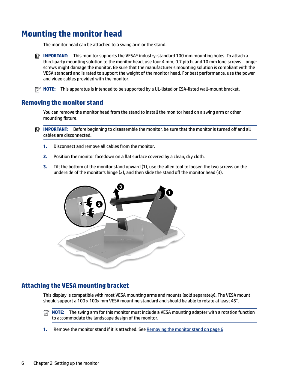 Mounting the monitor head, Removing the monitor stand, Attaching the vesa mounting bracket | 6 attaching the vesa mounting bracket | HP OMEN 27" HDR 165 Hz Gaming Monitor User Manual | Page 12 / 41