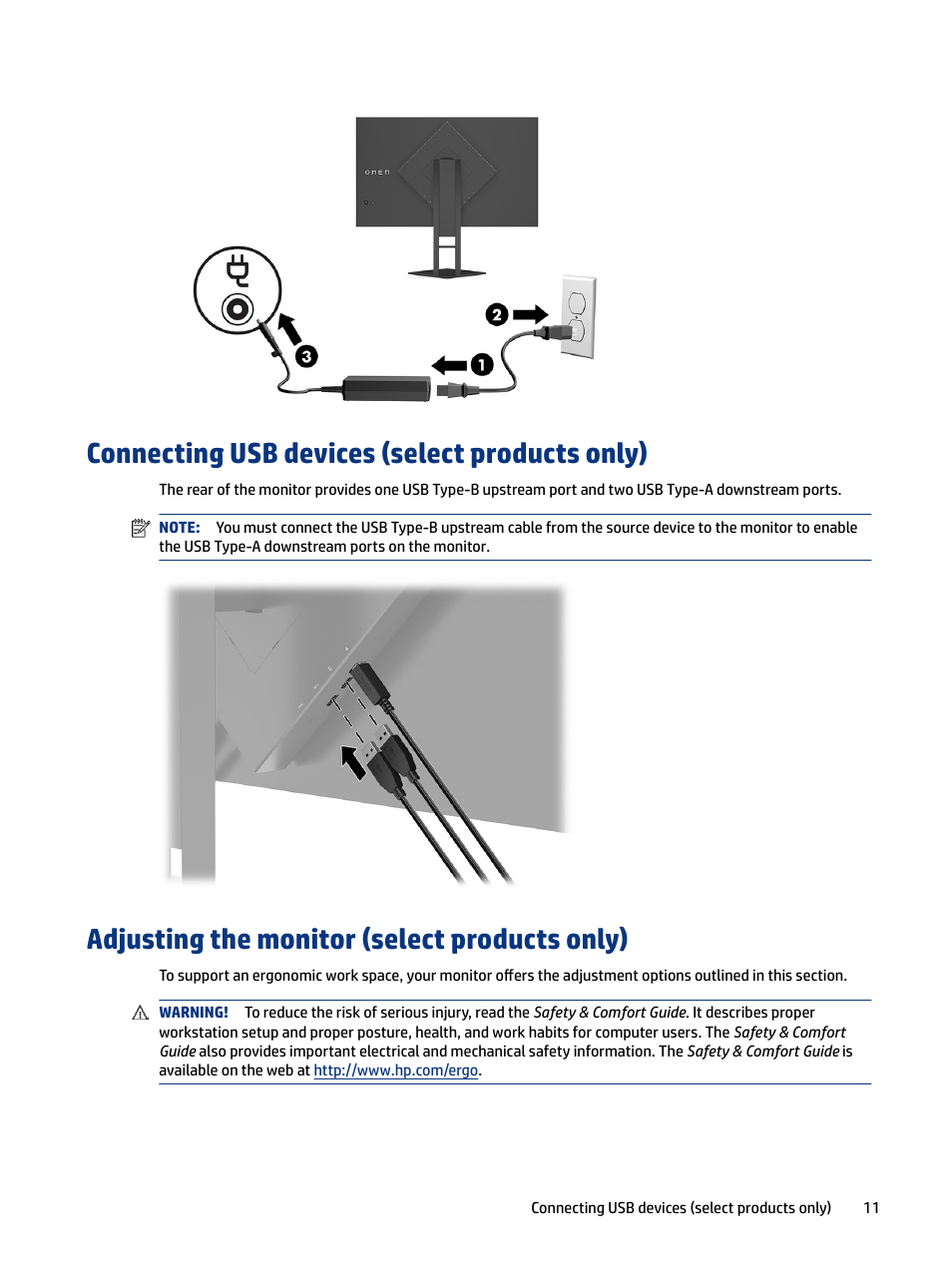 Connecting usb devices (select products only), Adjusting the monitor (select products only), 11 adjusting the monitor (select products only) | HP OMEN 27" HDR 165 Hz Gaming Monitor User Manual | Page 17 / 41
