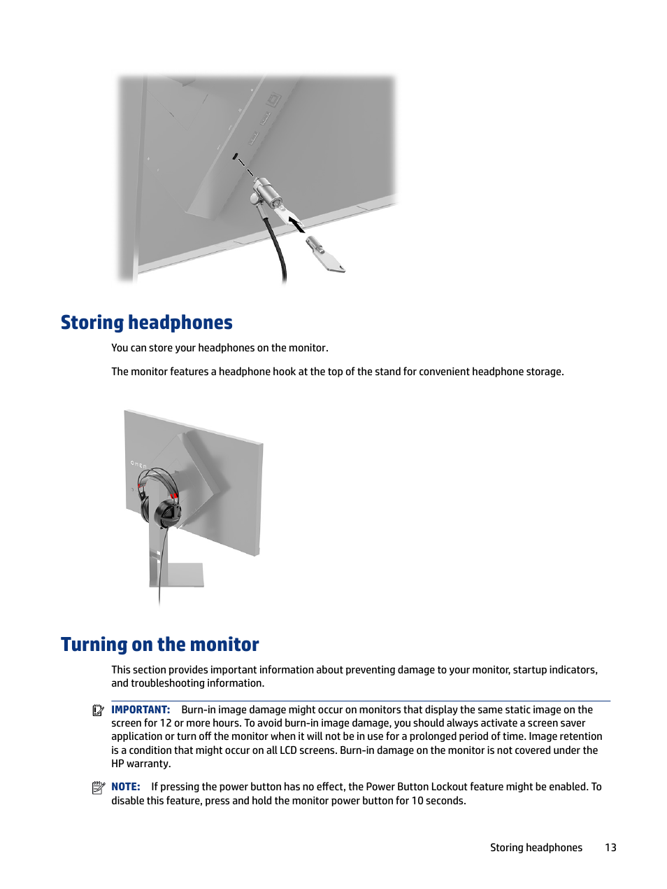 Storing headphones, Turning on the monitor, Storing headphones turning on the monitor | HP OMEN 27" HDR 165 Hz Gaming Monitor User Manual | Page 19 / 41