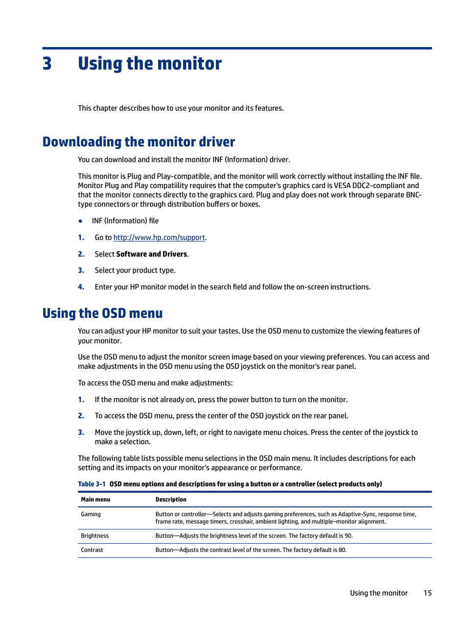 Using the monitor, Downloading the monitor driver, Using the osd menu | 3 using the monitor, 15 using the osd menu, Using the monitor 3 | HP OMEN 27" HDR 165 Hz Gaming Monitor User Manual | Page 21 / 41