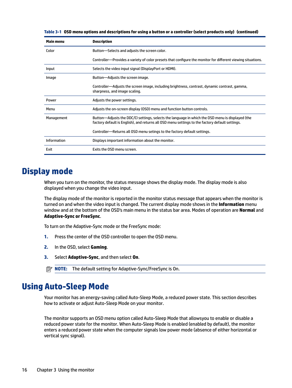 Display mode, Using auto-sleep mode, 16 using auto-sleep mode | HP OMEN 27" HDR 165 Hz Gaming Monitor User Manual | Page 22 / 41