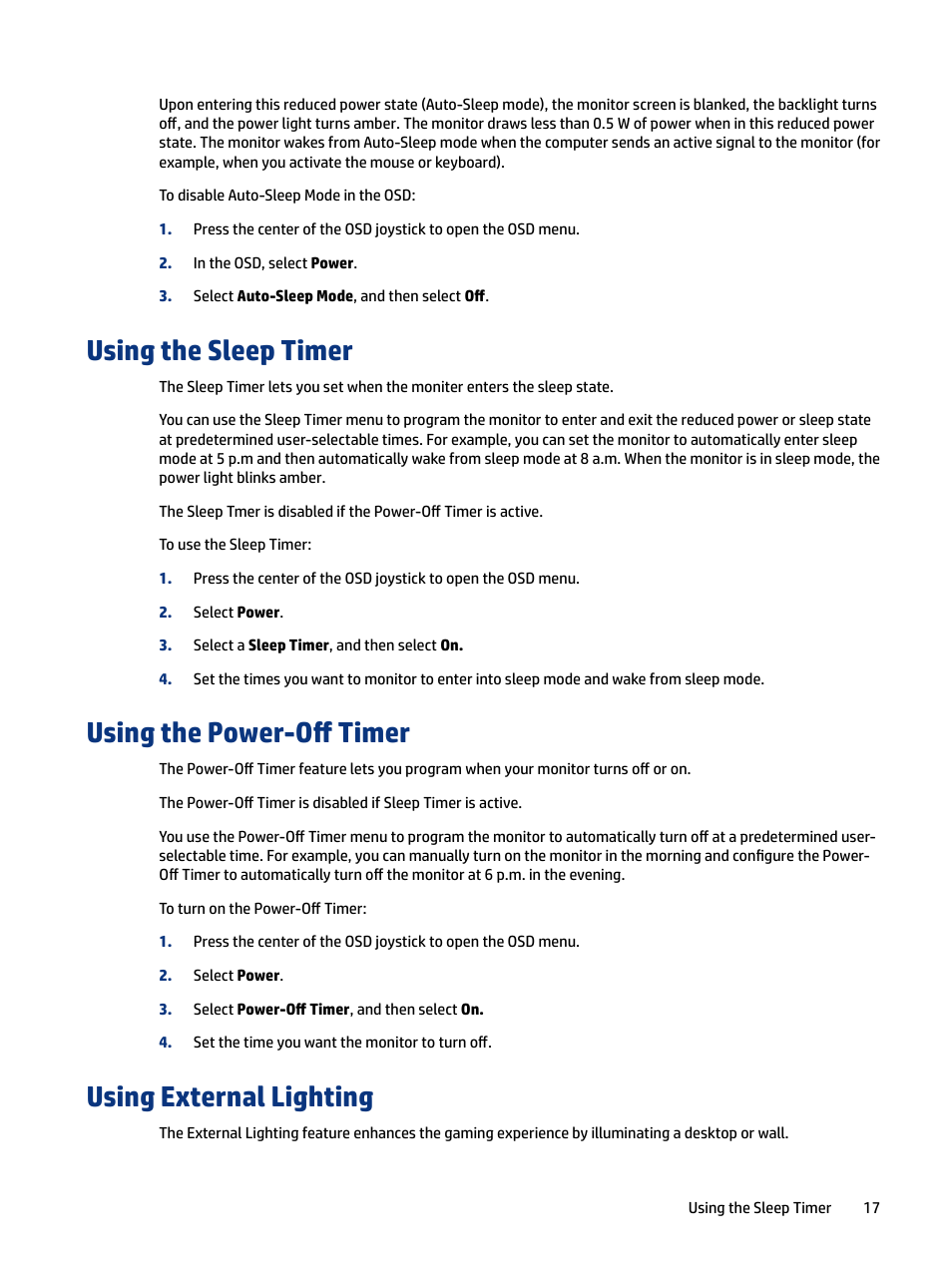 Using the sleep timer, Using the power-off timer, Using external lighting | 17 using the power-off timer, 17 using external lighting | HP OMEN 27" HDR 165 Hz Gaming Monitor User Manual | Page 23 / 41