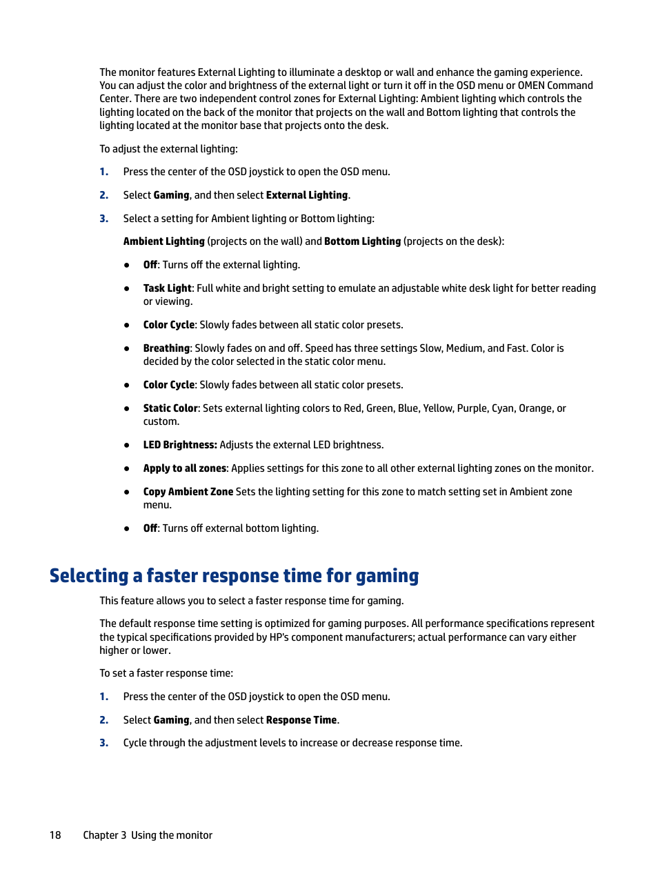 Selecting a faster response time for gaming | HP OMEN 27" HDR 165 Hz Gaming Monitor User Manual | Page 24 / 41