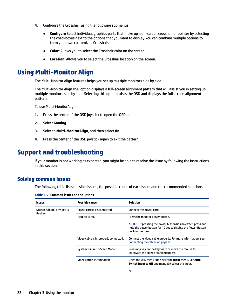 Using multi-monitor align, Support and troubleshooting, Solving common issues | 22 support and troubleshooting | HP OMEN 27" HDR 165 Hz Gaming Monitor User Manual | Page 28 / 41