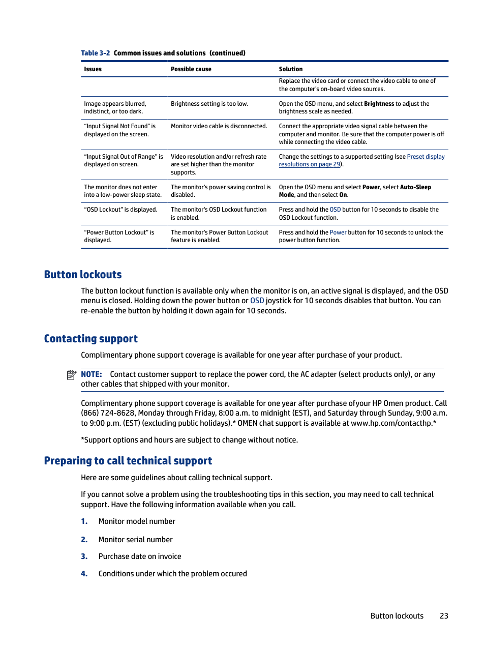 Button lockouts, Contacting support, Preparing to call technical support | 23 contacting support, 23 preparing to call technical support | HP OMEN 27" HDR 165 Hz Gaming Monitor User Manual | Page 29 / 41