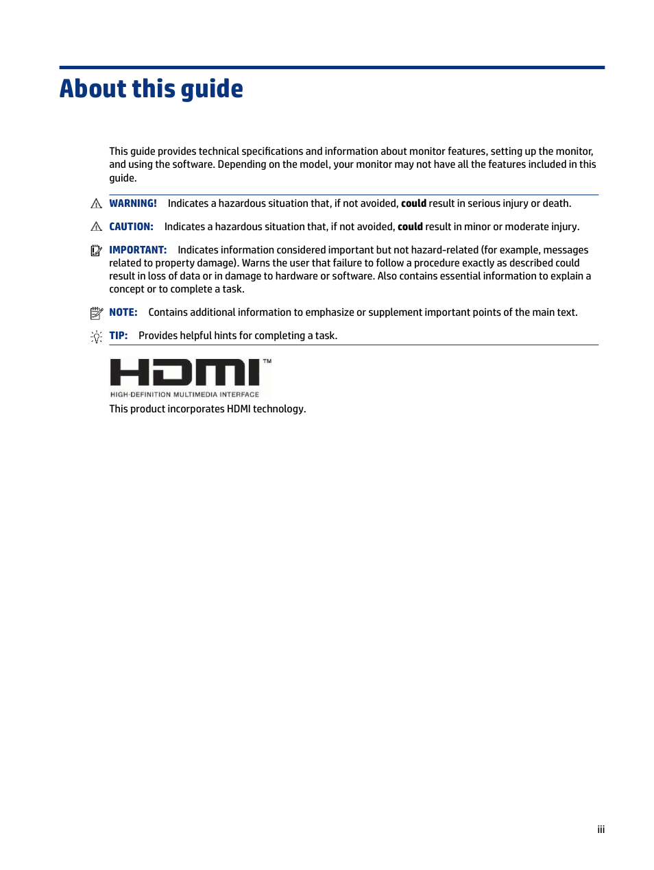 About this guide | HP OMEN 27" HDR 165 Hz Gaming Monitor User Manual | Page 3 / 41