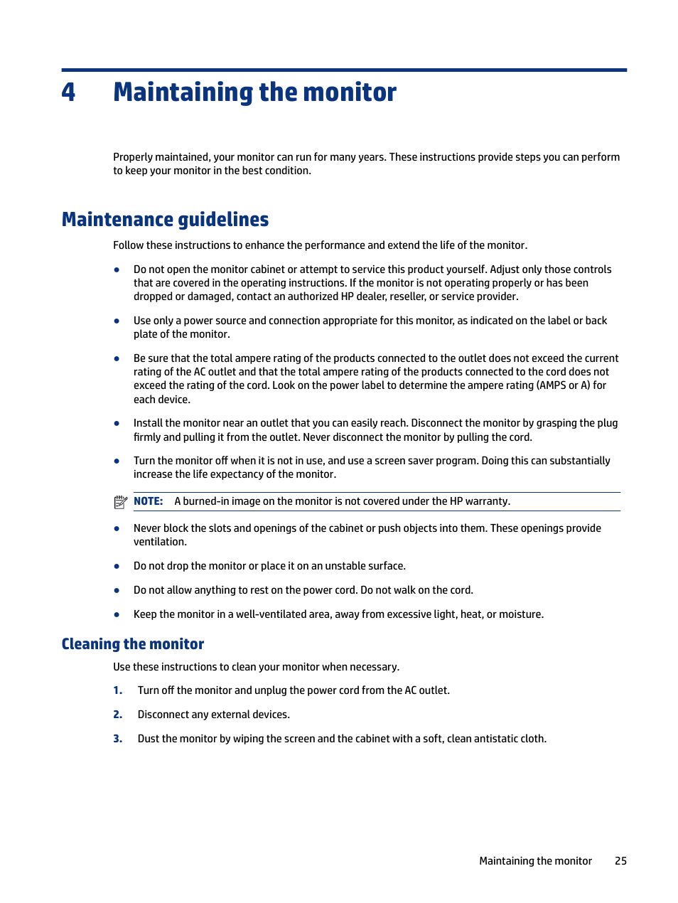Maintaining the monitor, Maintenance guidelines, Cleaning the monitor | 4 maintaining the monitor, Maintaining the monitor 4 | HP OMEN 27" HDR 165 Hz Gaming Monitor User Manual | Page 31 / 41