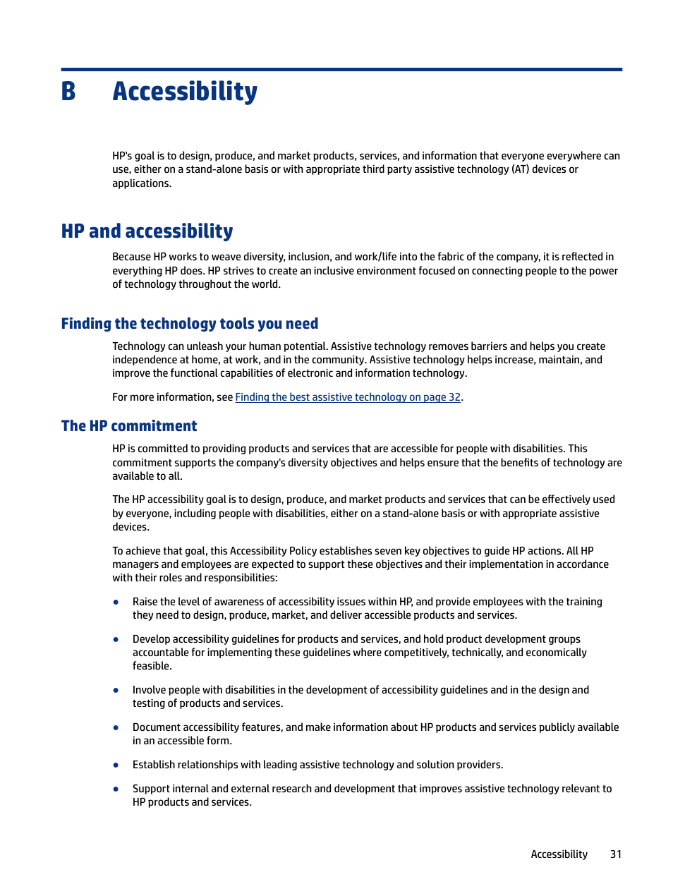 Accessibility, Hp and accessibility, Finding the technology tools you need | The hp commitment, Appendix b accessibility, 31 the hp commitment, Accessibility b | HP OMEN 27" HDR 165 Hz Gaming Monitor User Manual | Page 37 / 41