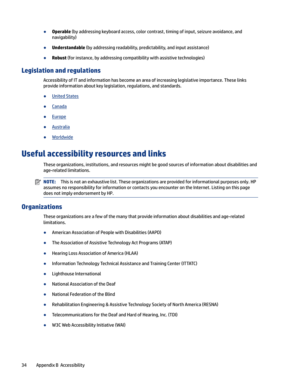 Legislation and regulations, Useful accessibility resources and links, Organizations | HP OMEN 27" HDR 165 Hz Gaming Monitor User Manual | Page 40 / 41
