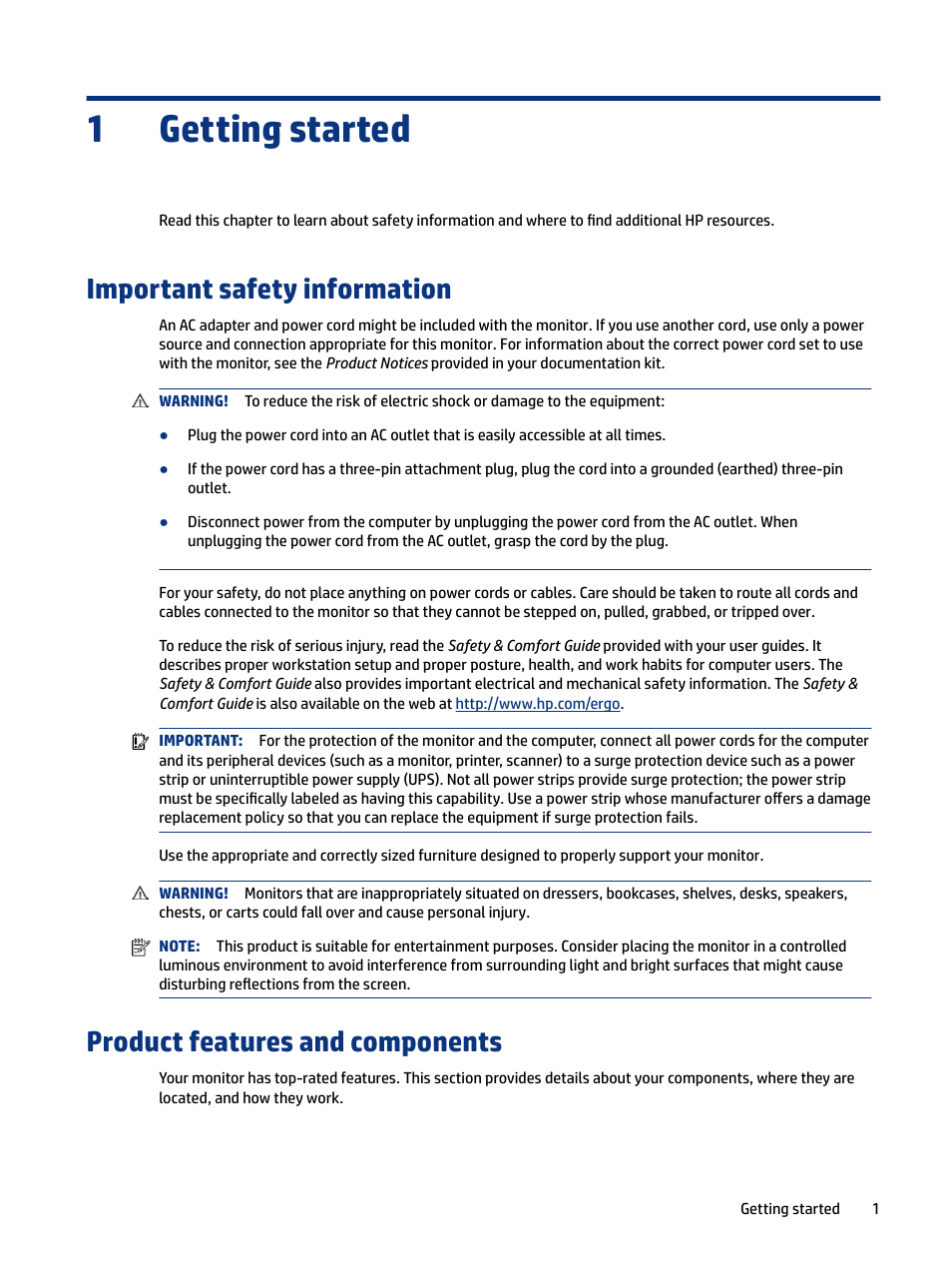 Getting started, Important safety information, Product features and components | 1 getting started, 1 product features and components, Getting started 1 | HP OMEN 27" HDR 165 Hz Gaming Monitor User Manual | Page 7 / 41