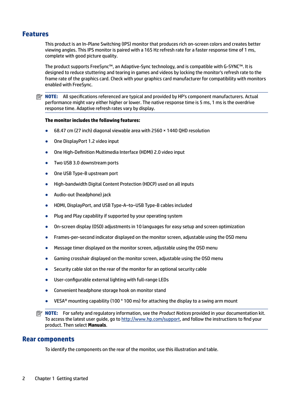 Features, Rear components, 2 rear components | HP OMEN 27" HDR 165 Hz Gaming Monitor User Manual | Page 8 / 41