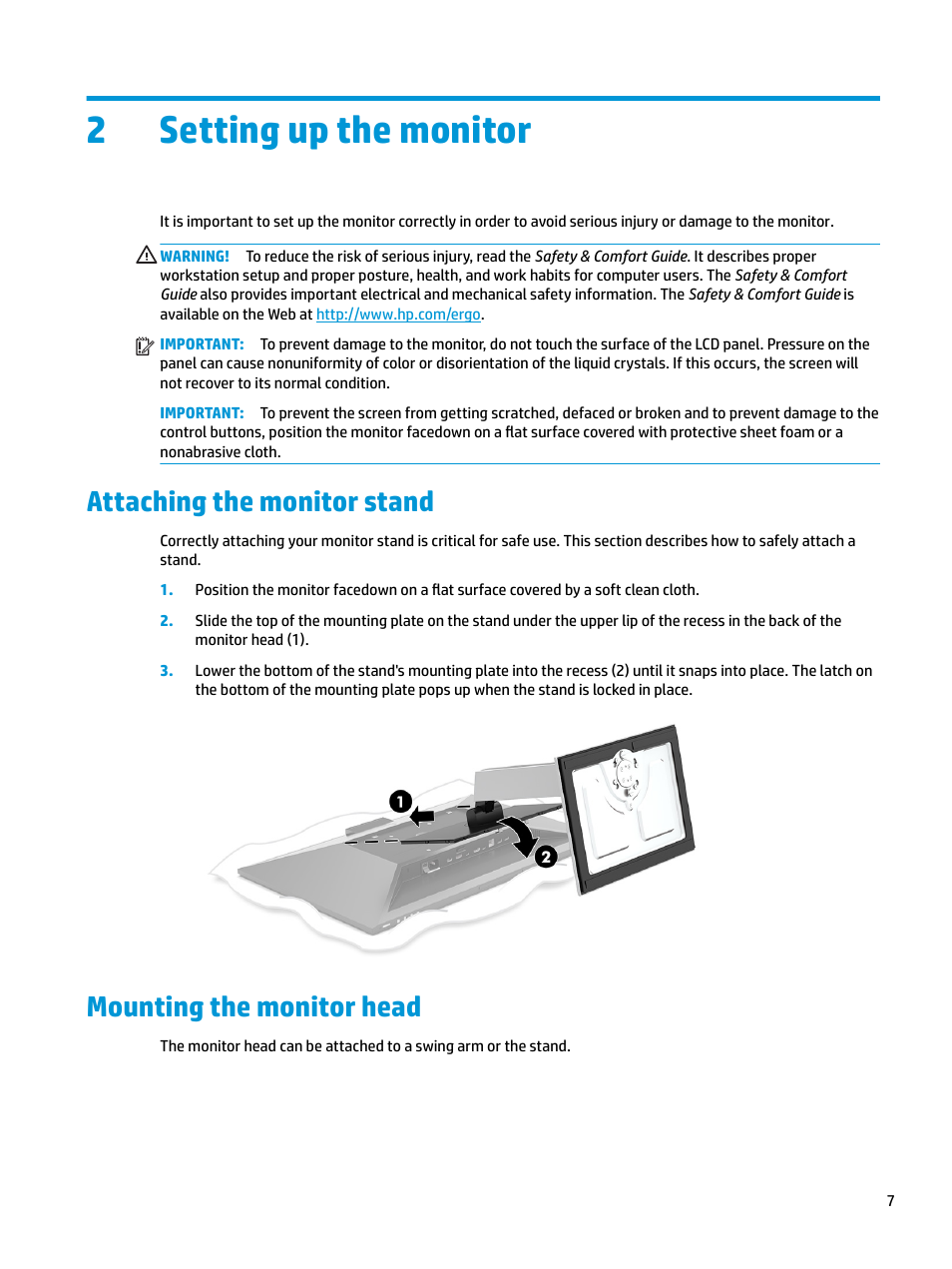Setting up the monitor, Attaching the monitor stand, Mounting the monitor head | 2 setting up the monitor, 2setting up the monitor | HP E27d G4 27" 16:9 Advanced Docking IPS Monitor User Manual | Page 15 / 52